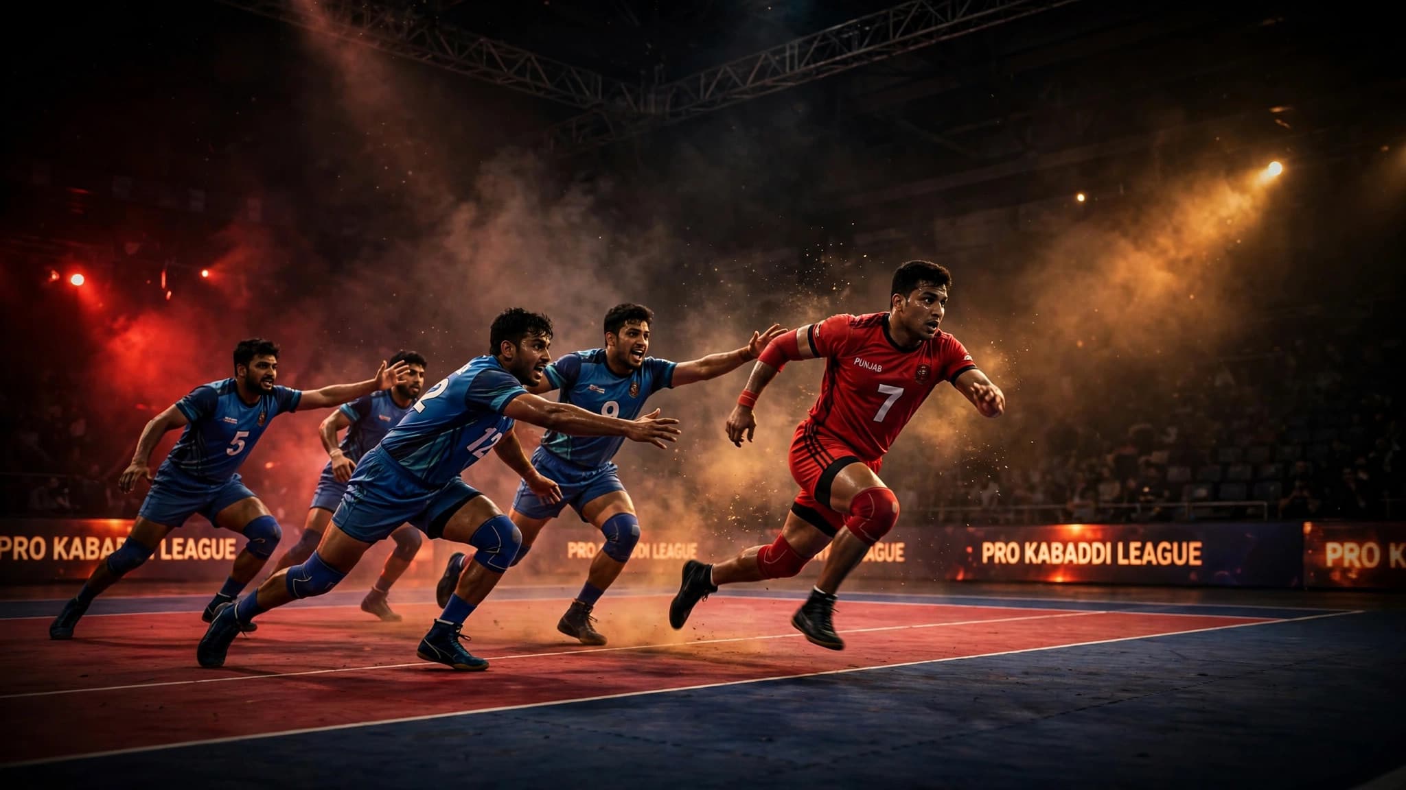 A raider in red breaks past defenders during a night match