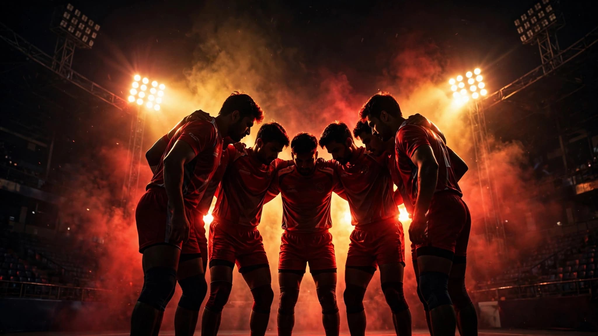 A team huddled under floodlights before a match
