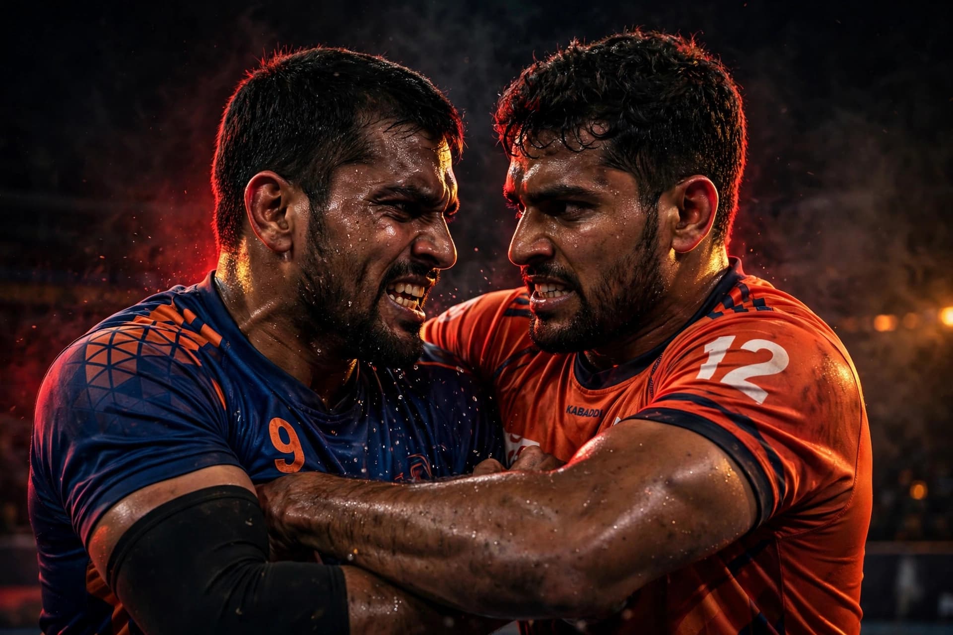 Two players locked in a tackle, sweat flying under red light